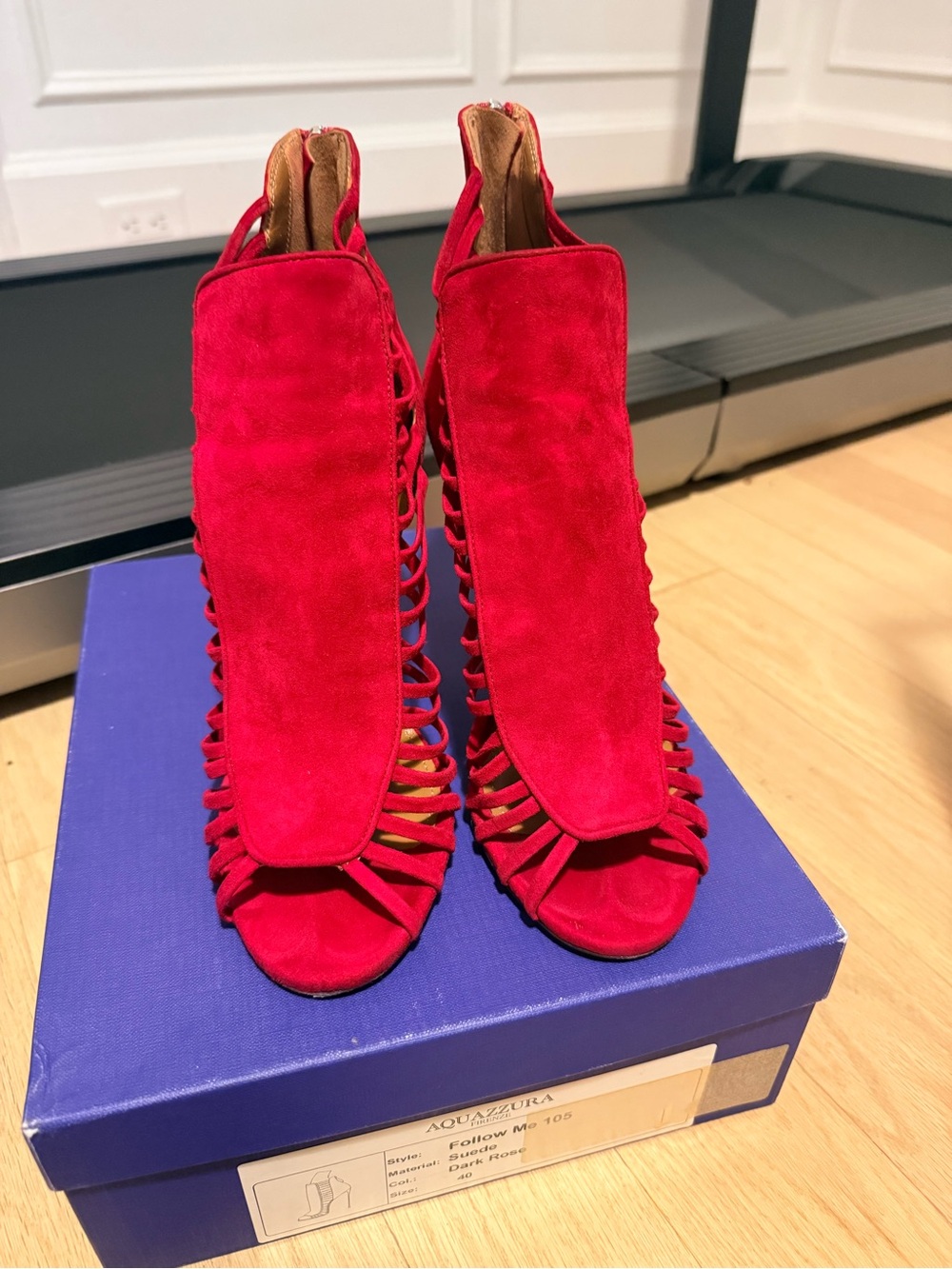 Aquazzura Red Suede Cage Peep-Toe Heels